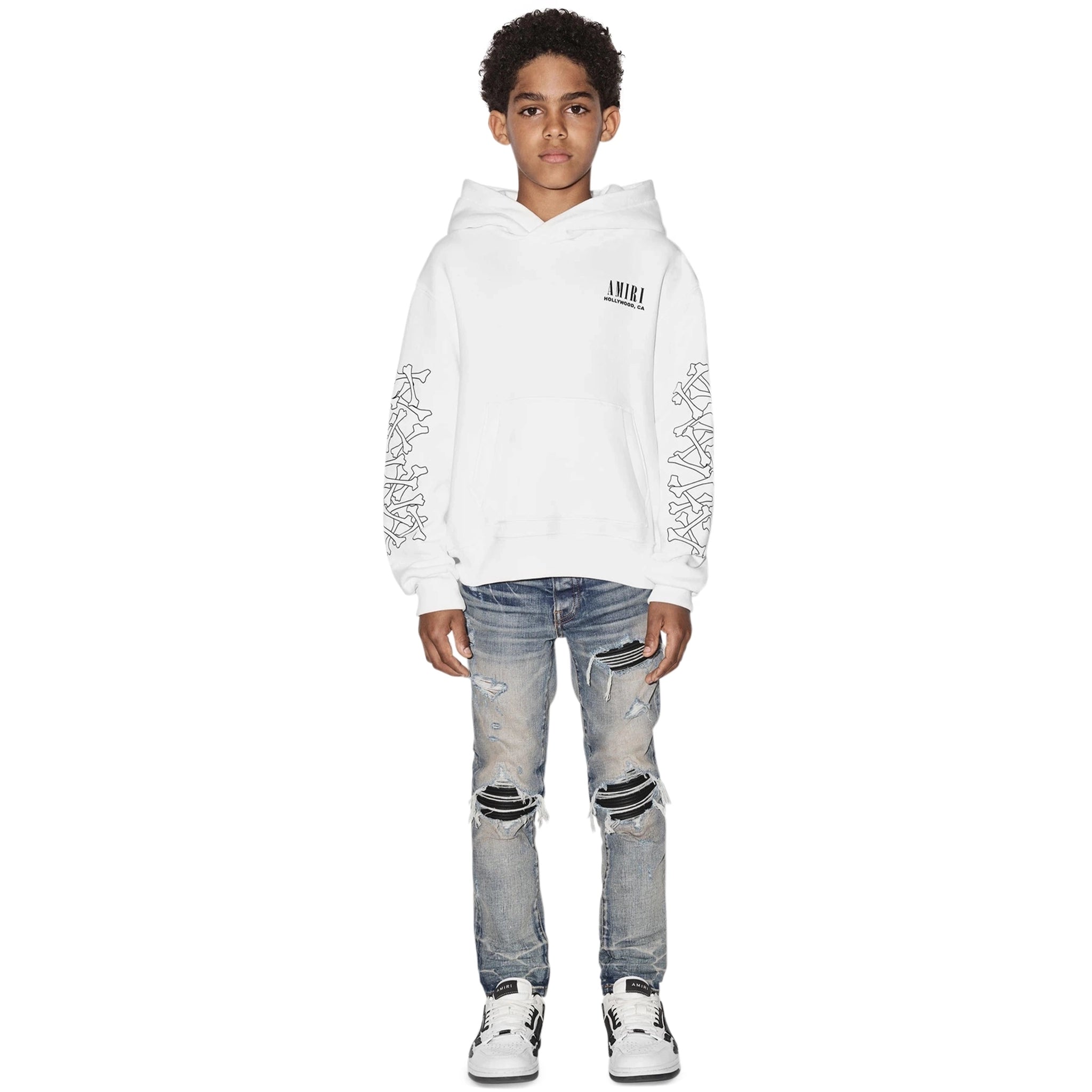 Model Front view of Amiri Kids Bones White Hoodie PF22KJL008-100